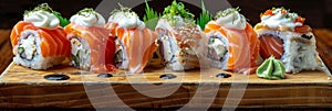Philadelphia Sushi Rolls Set, Uramaki, Nori Maki or Futomaki Sushi with Raw Fish Fillet on Wood