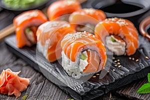 Philadelphia Sushi Rolls Set, Uramaki, Nori Maki or Futomaki Sushi with Raw Fish Fillet on Wood