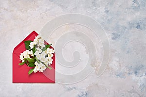 Philadelphus or mock-orange flowers in red envelope on colorful background. Flat lay of Birhday, Mothers Day, bachelorette,