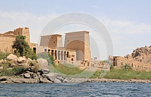 Philae temple on Agilkia Island as seen from the Nile. Egypt.