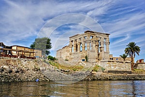 Philae temple in Aswan Egypt with Nile river