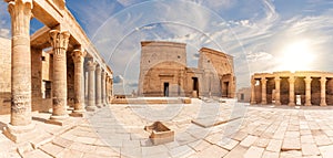 Philae Temple complex inner yard full view, Agilika island, Aswan, Egypt