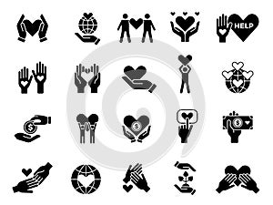 Philanthropy set. Contribute love volunteers goods charities hands with hearts vector conceptual symbols