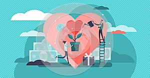 Philanthropy vector illustration. Tiny voluntary charity persons concept.