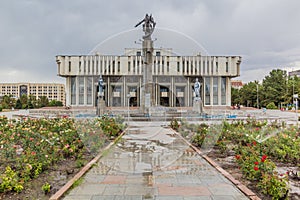 Philarmonic Hall Named Toktogul Satylganov and Manas Statue in Bishkek, capital of Kyrgyzsta