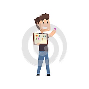 Philatelic collector holding album with stamps vector Illustration on a white background