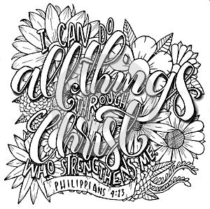 Philippians 4:13 Bible Verse Black And White Illustration Pen Art Calligraphy Lettering