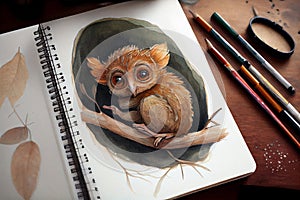 Philippine tarsier drawing with bit of watercolour