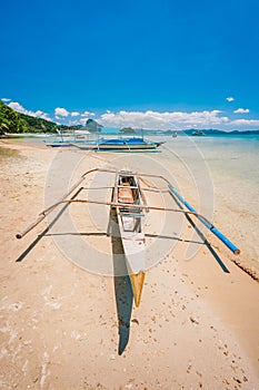 Philippines beach landscape - Banca boat at Corong Corong beach in El Nido, Palawan island