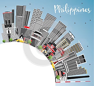 Philippines City Skyline with Gray Buildings, Blue Sky and Copy Space