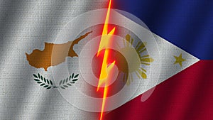 Philippines and Cyprus Flags Together, Fabric Texture, Thunder Icon, 3D Illustration