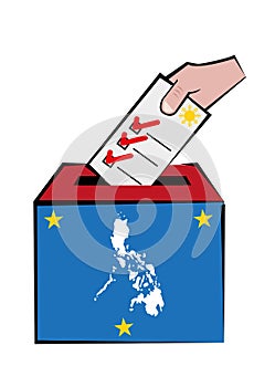 Philippines Election Concept with Map and Voters Hand on Ballot Box. Editable Clip Art.