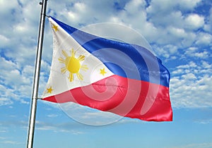 Philippines flag waving with sky on background realistic 3d illustration