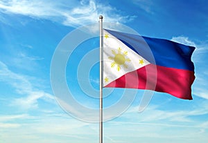 Philippines flag waving with sky on background realistic 3d illustration