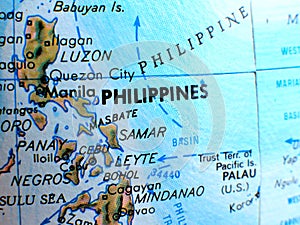 Philippines focus macro shot on globe map for travel blogs, social media, website banners and backgrounds.