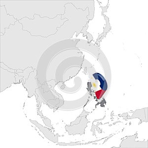 Philippines Location Map on map Asia. 3d Philippines flag map marker location pin. High quality map of Republic of the Philippines