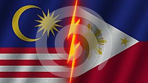 Philippines and Malaysia Flags Together, Fabric Texture, Thunder Icon, 3D Illustration