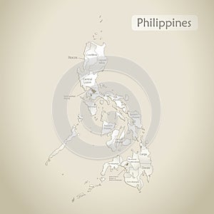 Philippines map, administrative division with names, old paper background