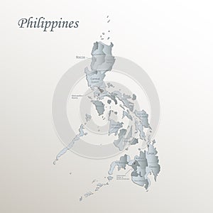 Philippines map, administrative division with names, white blue card paper 3D