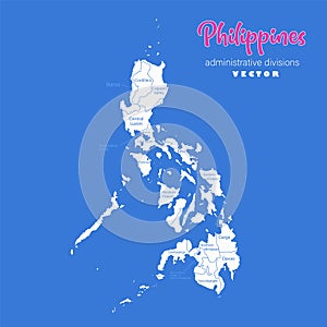 Philippines map, administrative divisions whit names regions, blue background