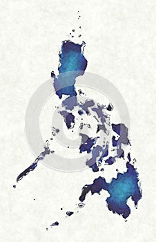 Philippines map with drawn lines and blue watercolor illustration