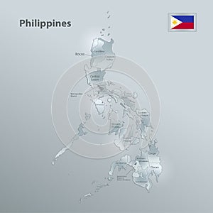Philippines map and flag, administrative division, separates regions and names, design glass card 3D