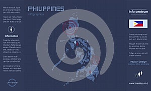 Philippines map, separate regions with names, infographics blue flat design