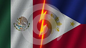 Philippines and Mexico Flags Together, Fabric Texture, Thunder Icon, 3D Illustration