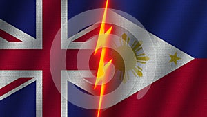 Philippines and United Kingdom Flags Together, Fabric Texture, Thunder Icon, 3D Illustration