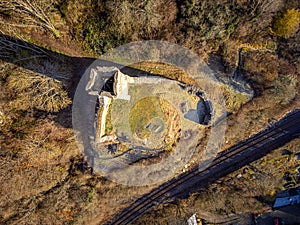 Philippsburg castle ruins with castle tower near Monreal in sunshine and a blue sky