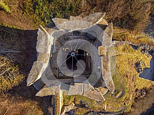 Philippsburg castle ruins with castle tower near Monreal in sunshine and a blue sky