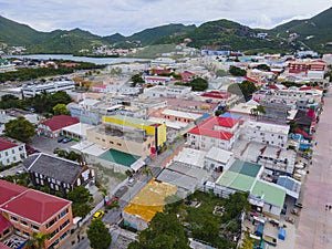 Philipsburg historic city center aerial view, Sint Maarten, Dutch Caribbean