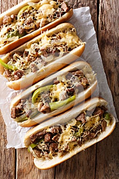 Philly cheese steak sandwich served on parchment paper close-up. Vertical top view