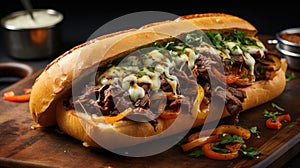 Philly Cheesesteak With Beef, Cheese, Peppers, And Caramelized Onion