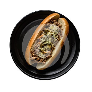 Philly Cheesesteak On Black Smooth Round Plate On Isolated Transparent Background U.S. Dish. Generative AI