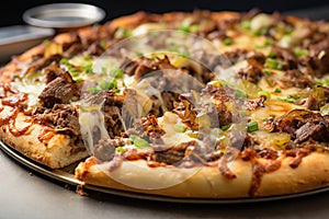 Philly cheesesteak pizza, hot cheese close up