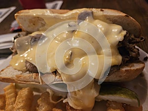 A Philly cheesesteak sandwich
