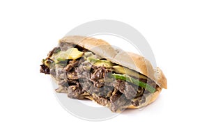 Philly cheesesteak sandwich with beef, cheese,green pepers and caramelized onion