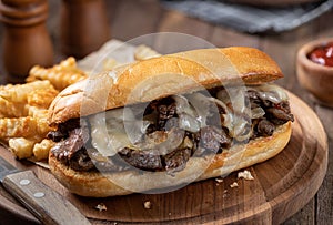 Philly cheesesteak sandwich and french fries