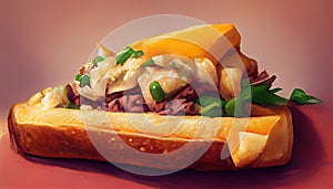 Philly cheesesteak sandwich made with steak, cheese and onions on a hoagie roll on a wooden board. Generative AI