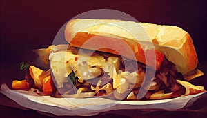 Philly cheesesteak sandwich made with steak, cheese and onions on a hoagie roll on a wooden board. Generative AI