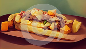 Philly cheesesteak sandwich made with steak, cheese and onions on a hoagie roll on a wooden board. Generative AI