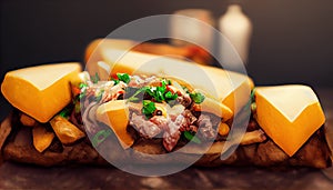 Philly cheesesteak sandwich made with steak, cheese and onions on a hoagie roll on a wooden board. Generative AI