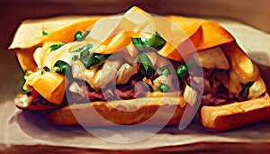 Philly cheesesteak sandwich made with steak, cheese and onions on a hoagie roll on a wooden board. Generative AI