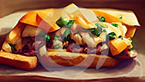 Philly cheesesteak sandwich made with steak, cheese and onions on a hoagie roll on a wooden board. Generative AI