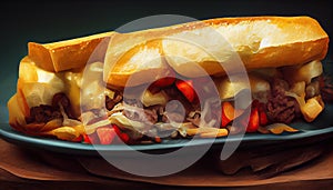 Philly cheesesteak sandwich made with steak, cheese and onions on a hoagie roll on a wooden board. Generative AI