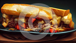 Philly cheesesteak sandwich made with steak, cheese and onions on a hoagie roll on a wooden board. Generative AI