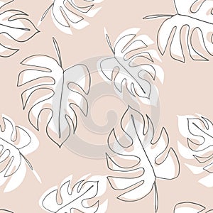 Philodendron plant. Monstera leaves seamless pattern. Background in minimal linear style. Abstract modern print. Modern trendy gra