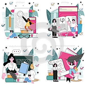 Philologist concept set. Scientific study of language, its history