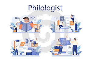 Philologist concept set. Scientific study of language, its history